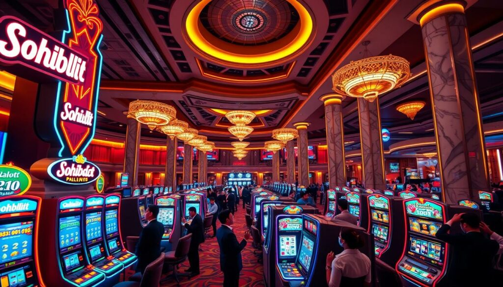 A lush, neon-lit casino interior with a towering, glowing &amp;quot;Sohibslot&amp;quot; sign illuminating the scene. In the foreground, a dazzling array of slot machines beckon players, their screens flickering with hypnotic symbols and paylines. The middle ground is filled with well-dressed patrons eagerly anticipating their next big win, captured in dynamic poses. The background features an expansive, panoramic view of the casino's lavish decor, complete with ornate chandeliers, marble columns, and a pulsing, futuristic ambiance. The lighting is dramatic, with warm hues casting a vibrant, energetic mood over the entire scene, reflecting the excitement and anticipation of the &amp;quot;Bocoran RTP Slot Gacor Hari Ini&amp;quot;.